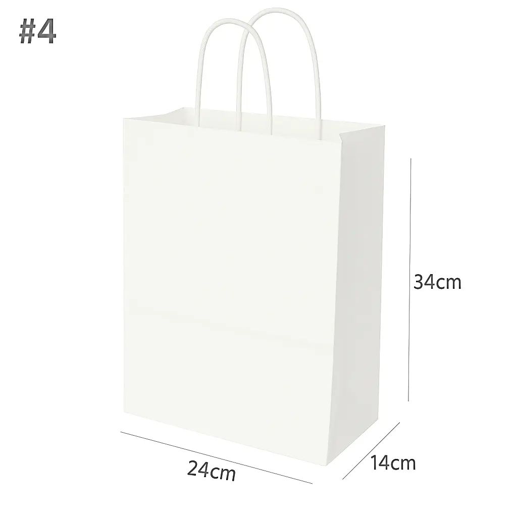 #4 White Paper Twisted Handle Bag 24×14×34H cm 200//ctn اكياس ورق أبيض 4# بيد ملفوفة مقاس 24×14×34 سم 200 حبة