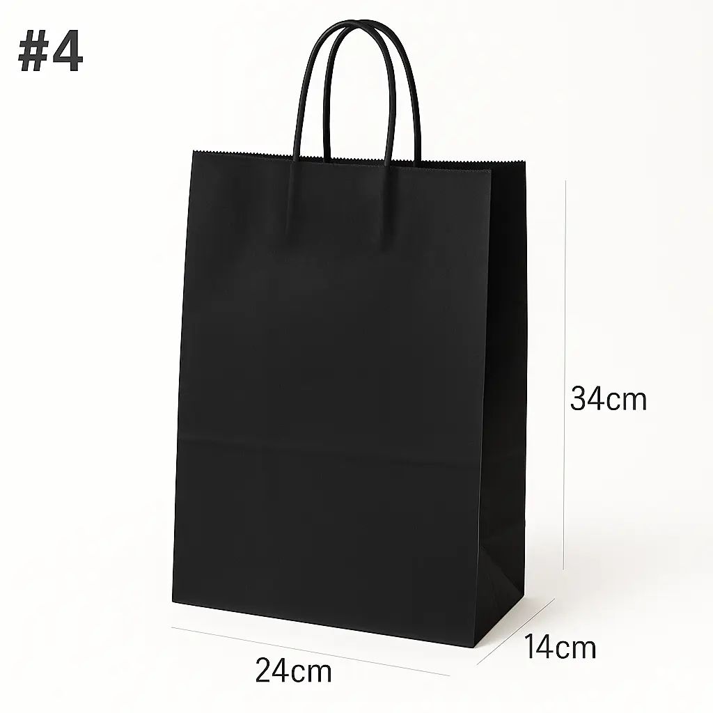 #4 Black Paper Twisted Handle Bag 24×14×34H cm 200/ctn اكياس ورق اسود 4# بيد ملفوفة مقاس 24×14×34 سم 200 حبة 