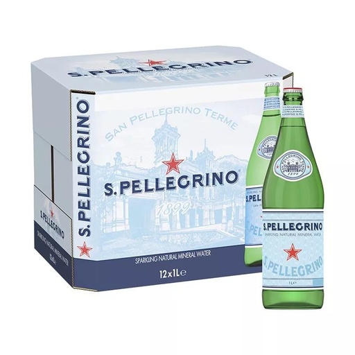 S. PELLEGRINO MWT SPKG 1ltr Glass box 12 pieces / سان بيليغرينو مياه معدنية فوارة 1 لتر زجاج كرتون 12 حبة